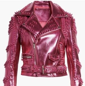Azalea Wang Metallic Studded Pink Vegan Leather Jacket Large